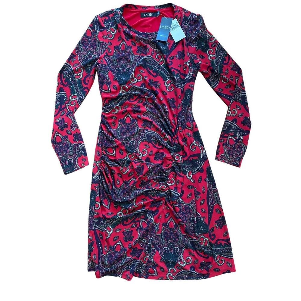 NEW Lauren Ralph Lauren Womens 4 Red Paisley Ruched Knee Length Stretch Lined